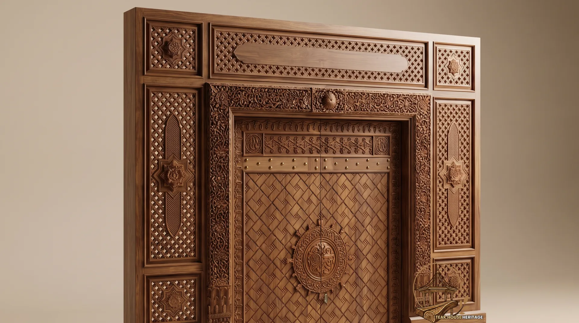 Intricate Geometric Woven Motif Teak Wood Panel