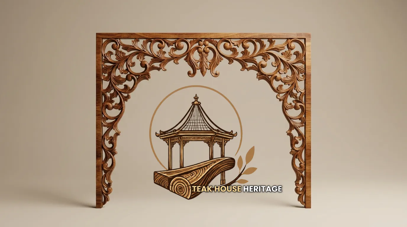 Symmetric Scrollwork Carved Teak Wood Arch Panel