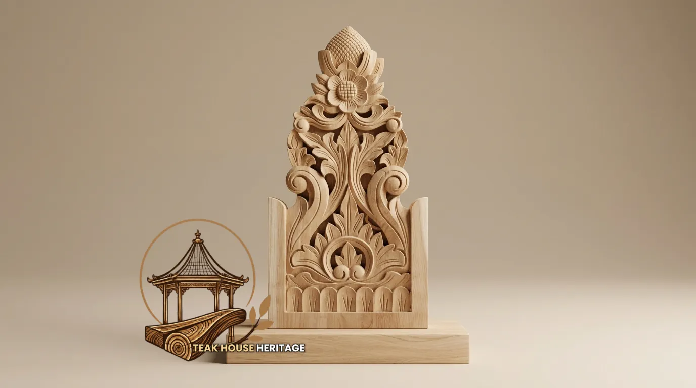Ornate Floral Crest Teak Wood Finial Lisplang
