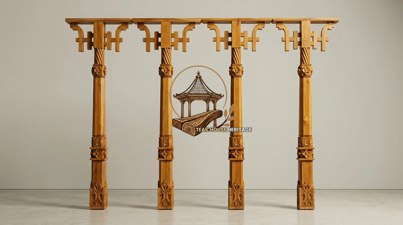Ornate Capital and Braced Solid Teak Wood Soko Columns