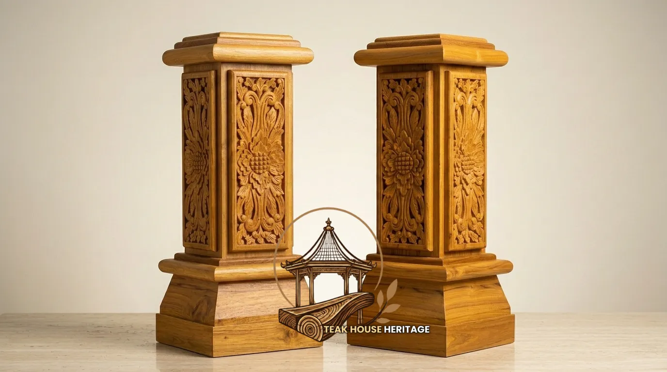 Carved Floral Relief Solid Teak Wood Pillar Panels