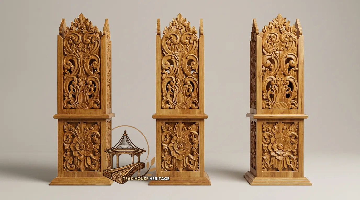 Two-Tiered Floral Relief Solid Teak Wood Pillar Accents