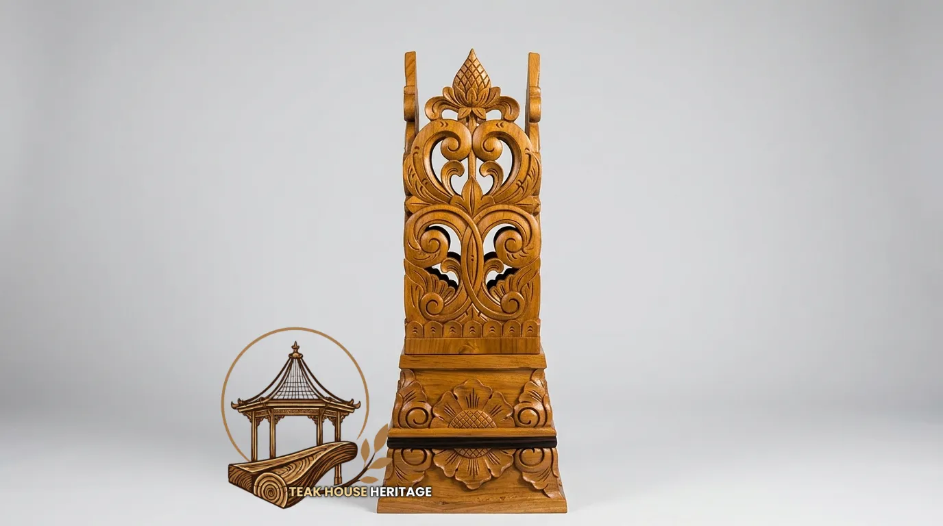 Openwork Scroll and Floral Relief Solid Teak Wood Pillar Accent