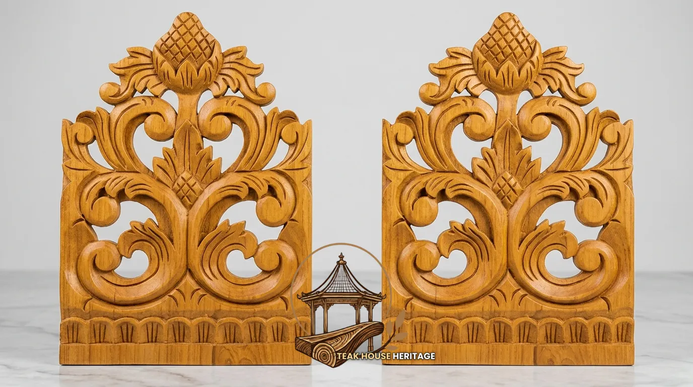 Symmetric Openwork Scroll Leaf Solid Teak Wood Accent Panels