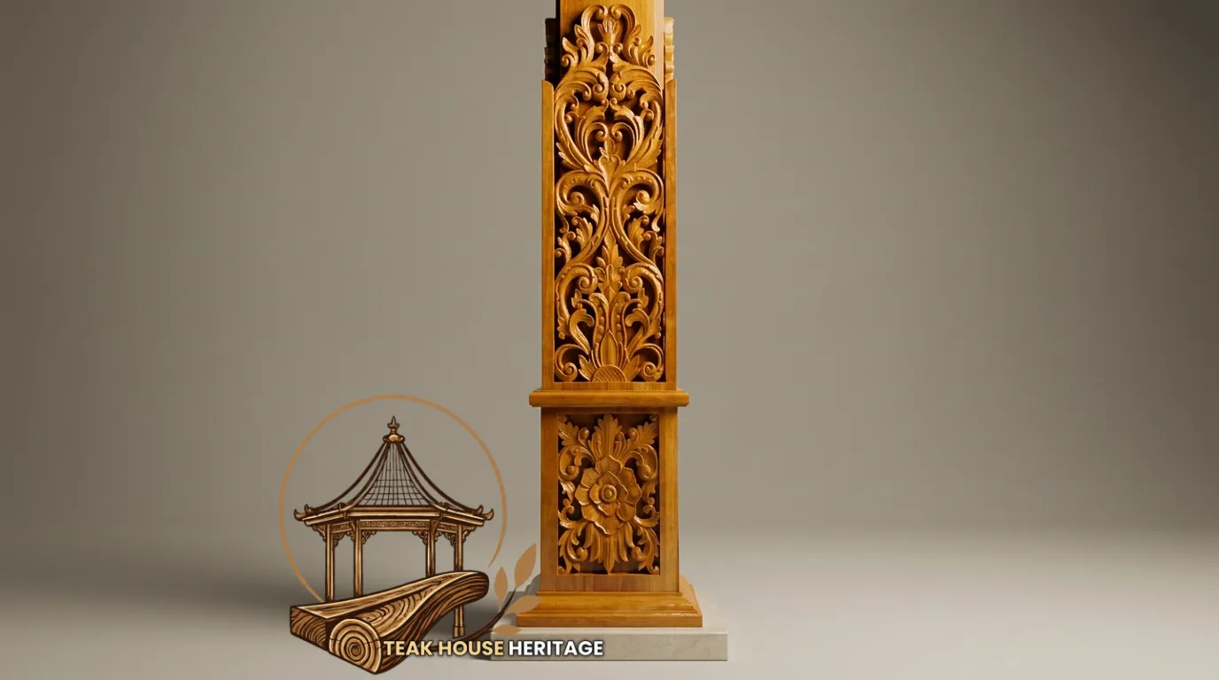 Detailed Two-Tiered Carved Solid Teak Wood Pillar Cladding