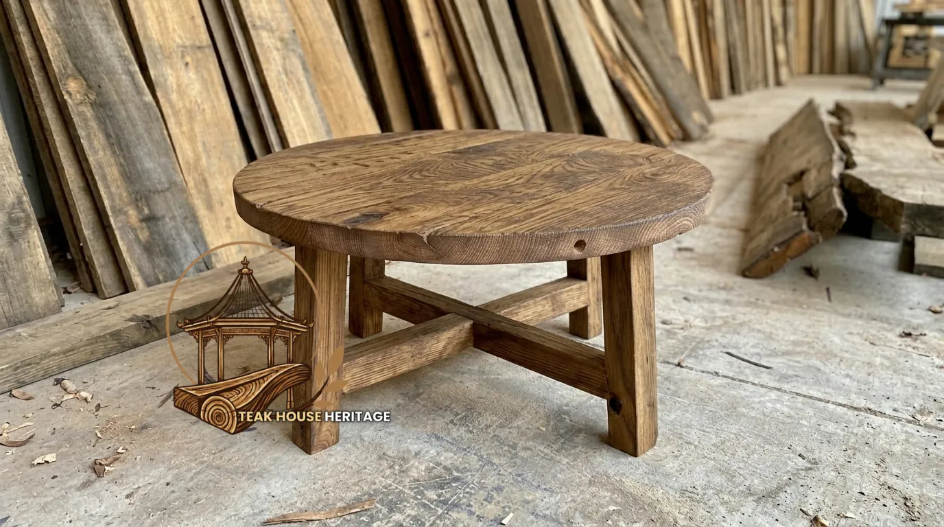 Rustic Round Solid Teak Wood Coffee Table