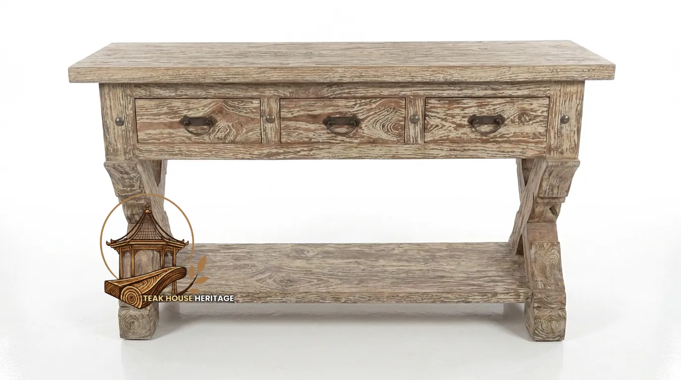 Three-Drawer Rustic Reclaimed Teak Wood Console Table
