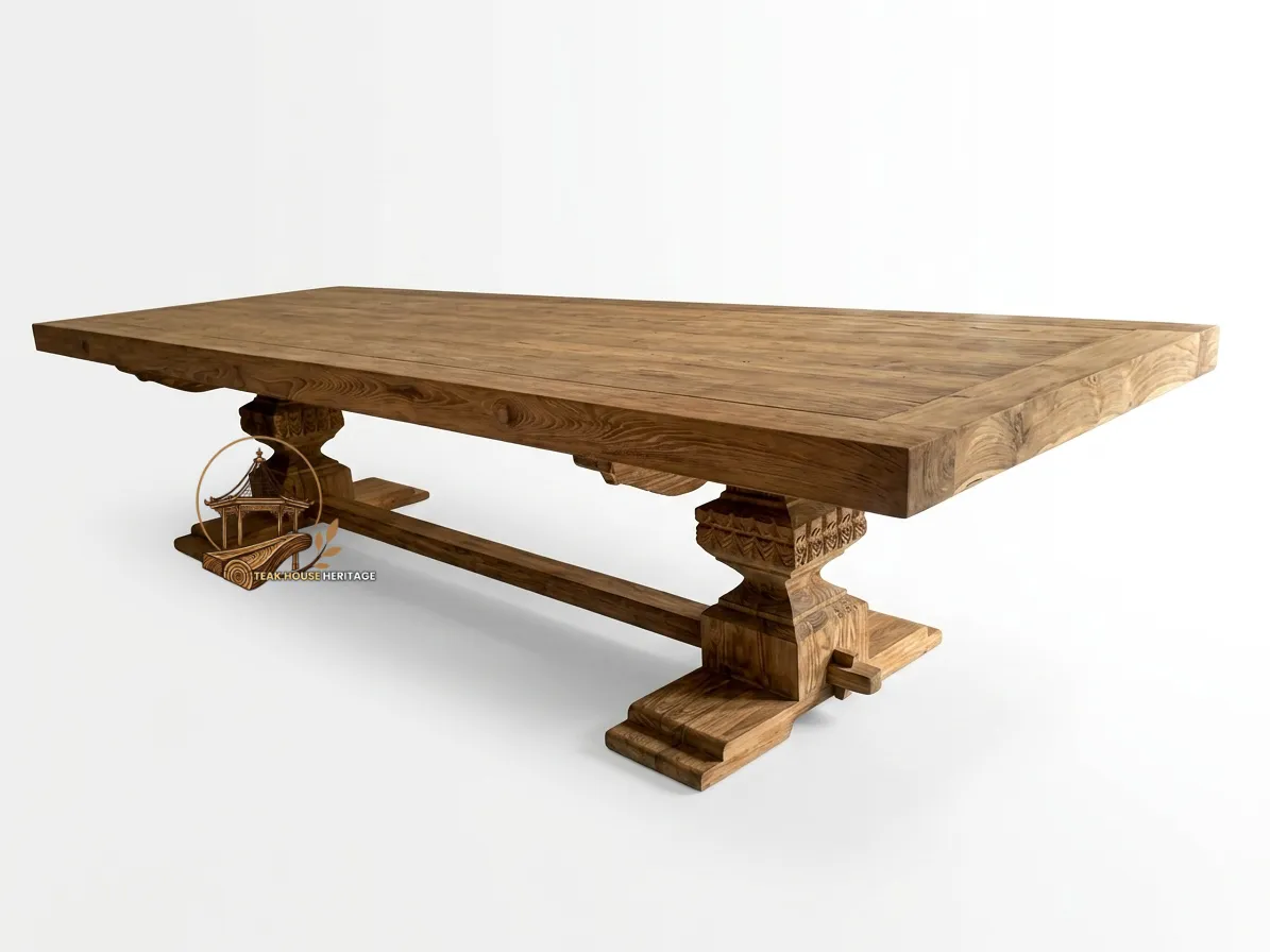 Hand-Carved Trestle-Base Solid Teak Wood Dining Table